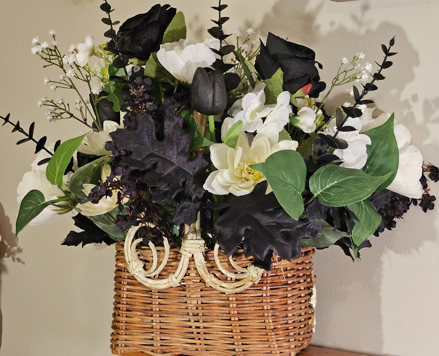 Handcrafted Floral Basket, Black & White Home Decor, Centerpiece Idea, Housewarming Gift, Floral Basket Decor