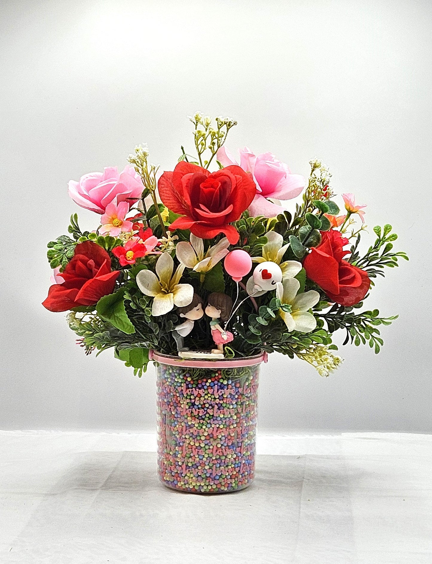 Elegant Kissing Couple Romantic Flower Arrangement for a Touch of Romance, Red/Pink/White Flowers