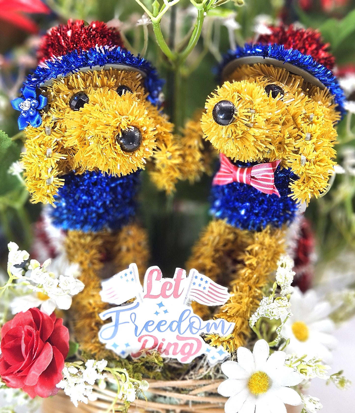 Patriotic American Dog Garden Decor with Red White Blue Roses, Baby’s Breath & Sparkly Stars – USA Outdoor Decoration