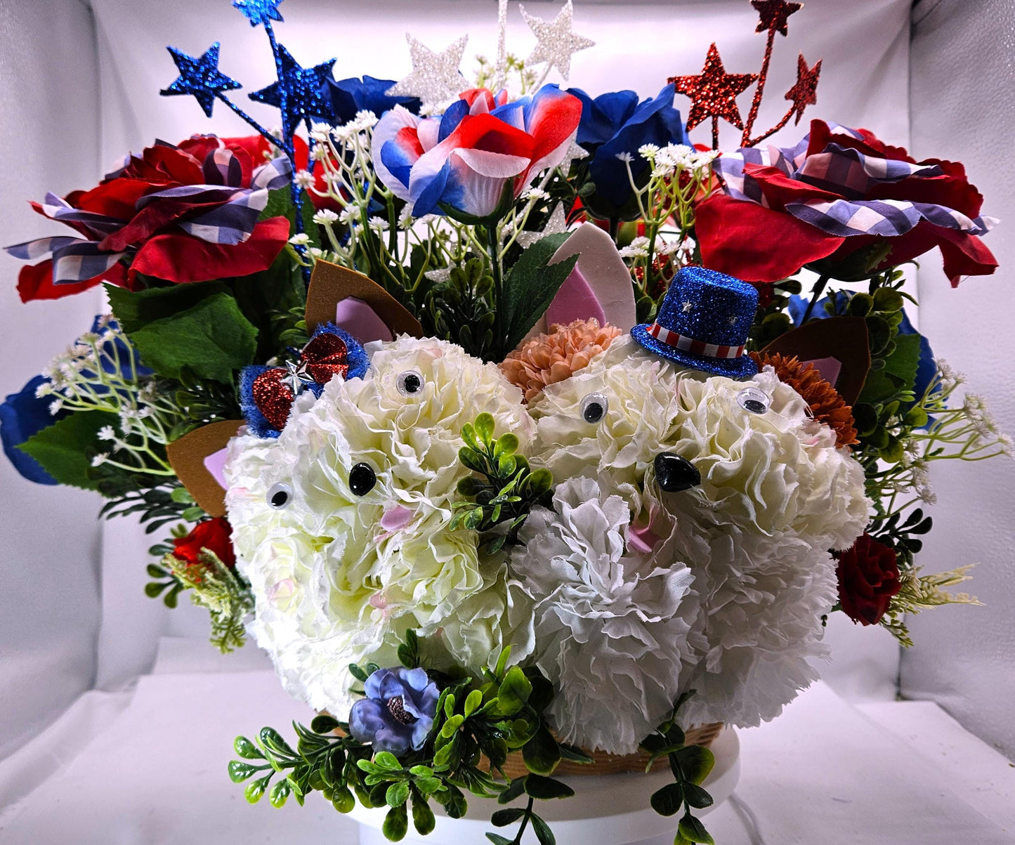 Patriotic Floral Garden Decor, Red White Blue Roses, Carnation Flower Dogs, Sparkly Stars Accents, God Bless America