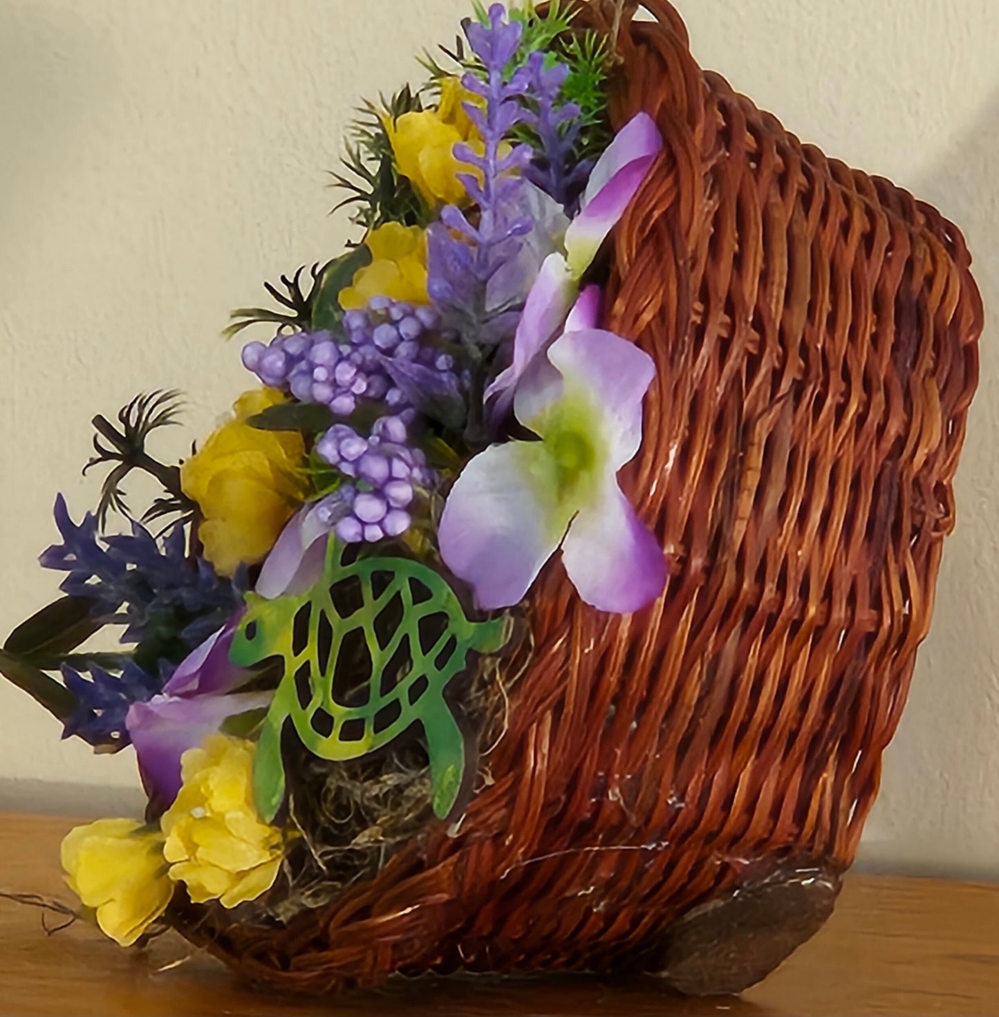 Artificial Flower Arrangement in Grapevine Heart With Turtle,