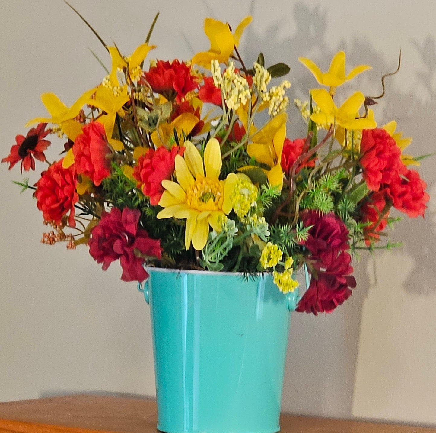 Artificial Flower Arrangement, Round Blue Tin Bucket, Gnome Décor
