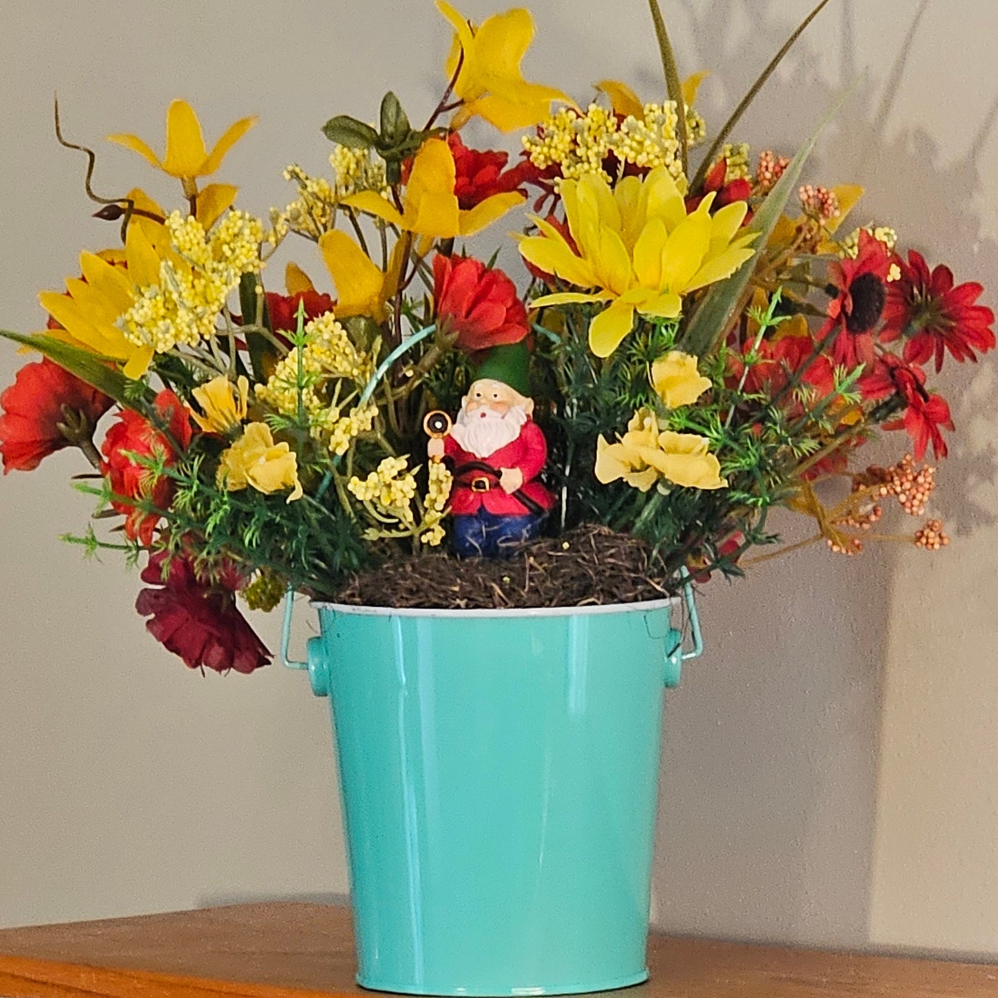 Artificial Flower Arrangement, Round Blue Tin Bucket, Gnome Décor