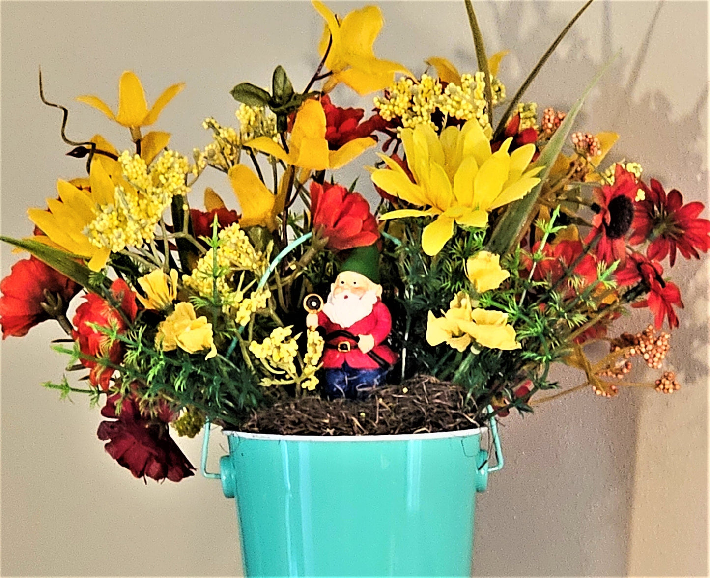 Artificial Flower Arrangement, Round Blue Tin Bucket, Gnome Décor