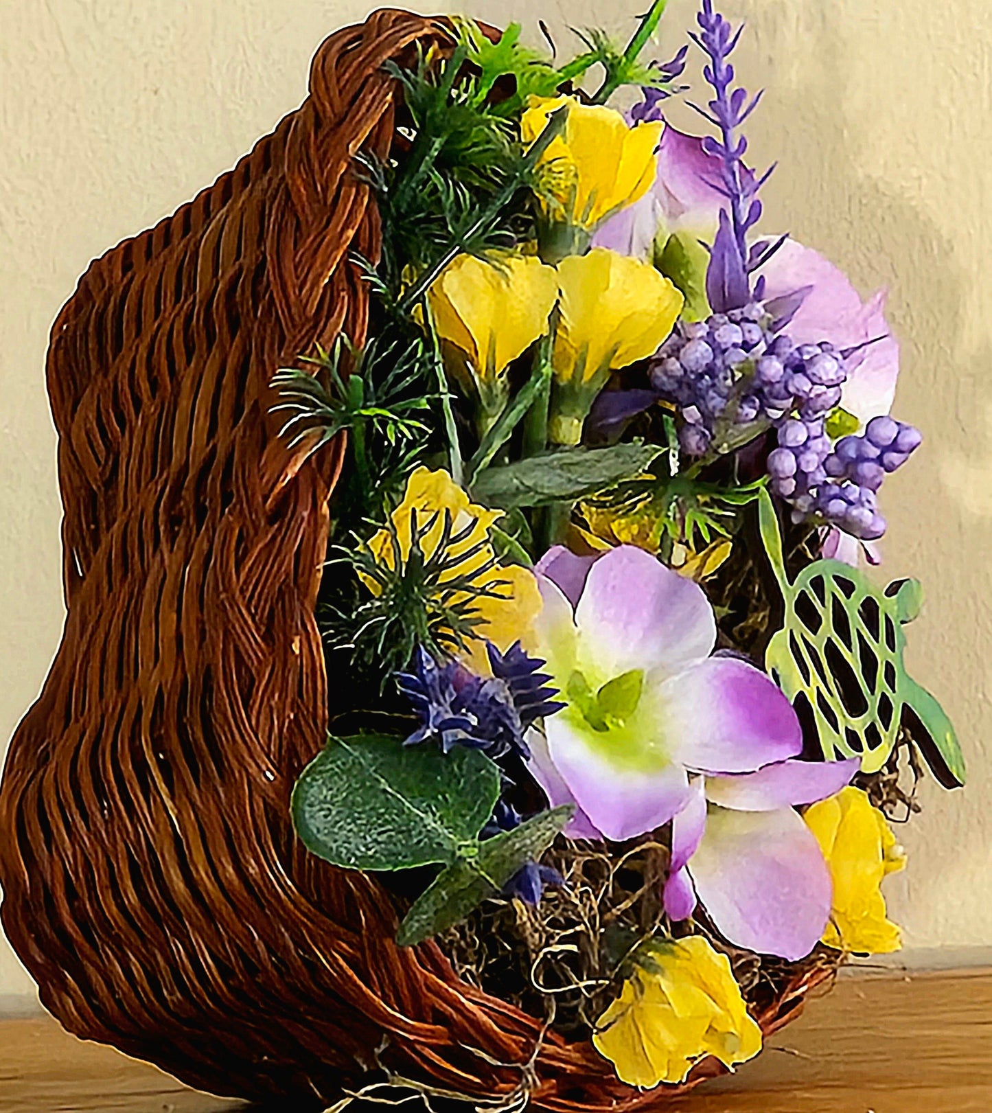 Artificial Flower Arrangement in Grapevine Heart With Turtle,