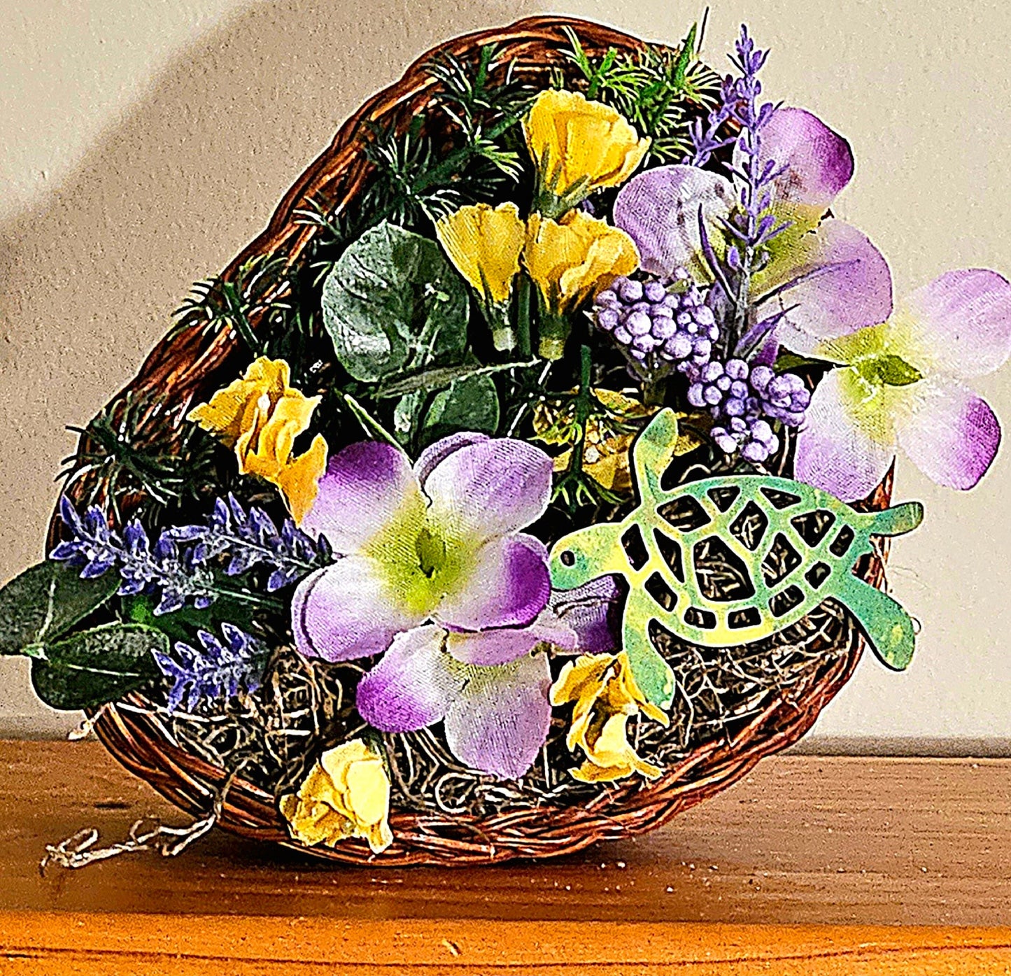 Artificial Flower Arrangement in Grapevine Heart With Turtle,