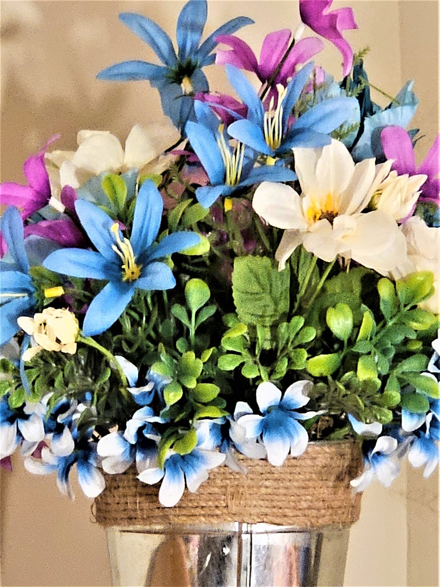 Artificial Flower Arrangement with Teddy Bear Sitting in a Bucket