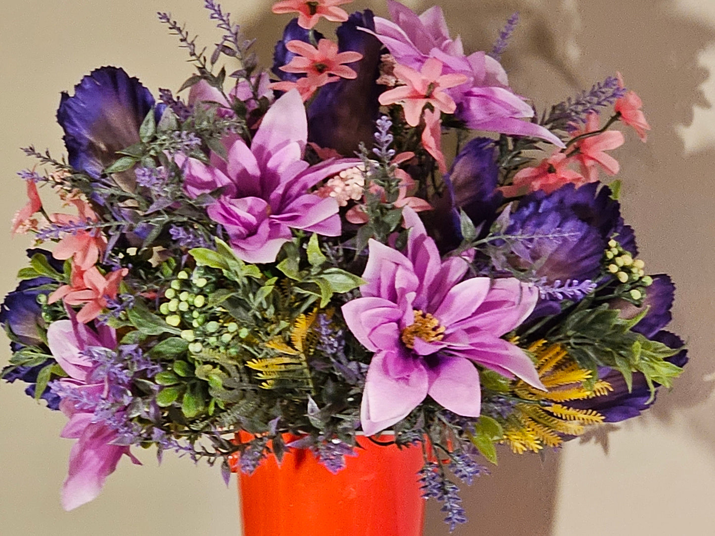 Artificial Floral Arrangement in Round Red Bucket with Gnome
