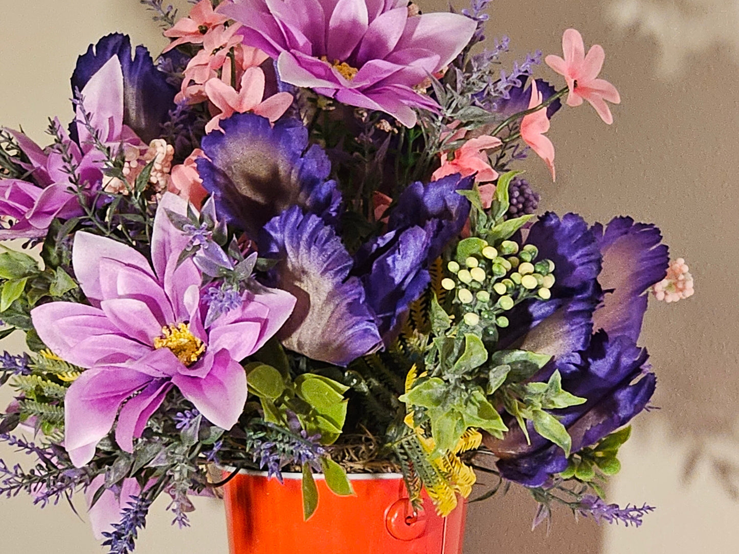 Artificial Floral Arrangement in Round Red Bucket with Gnome