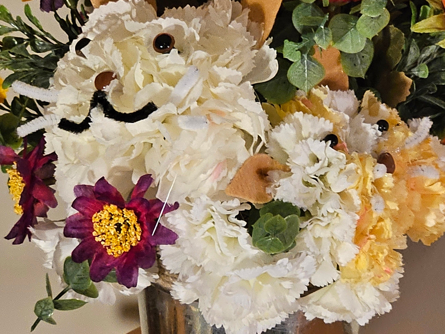 Artificial White Carnation Cat and Kitten Flower Arrangement in a Rope Bucket