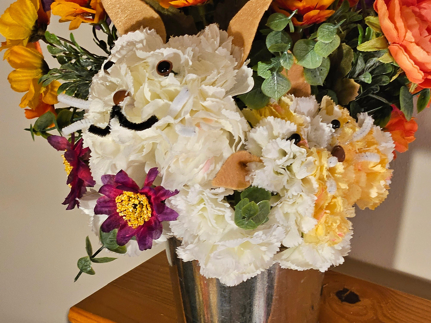 Artificial White Carnation Cat and Kitten Flower Arrangement in a Rope Bucket