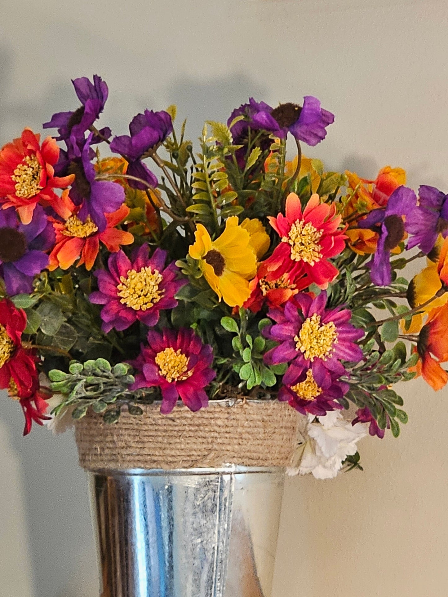 Artificial White Carnation Cat and Kitten Flower Arrangement in a Rope Bucket