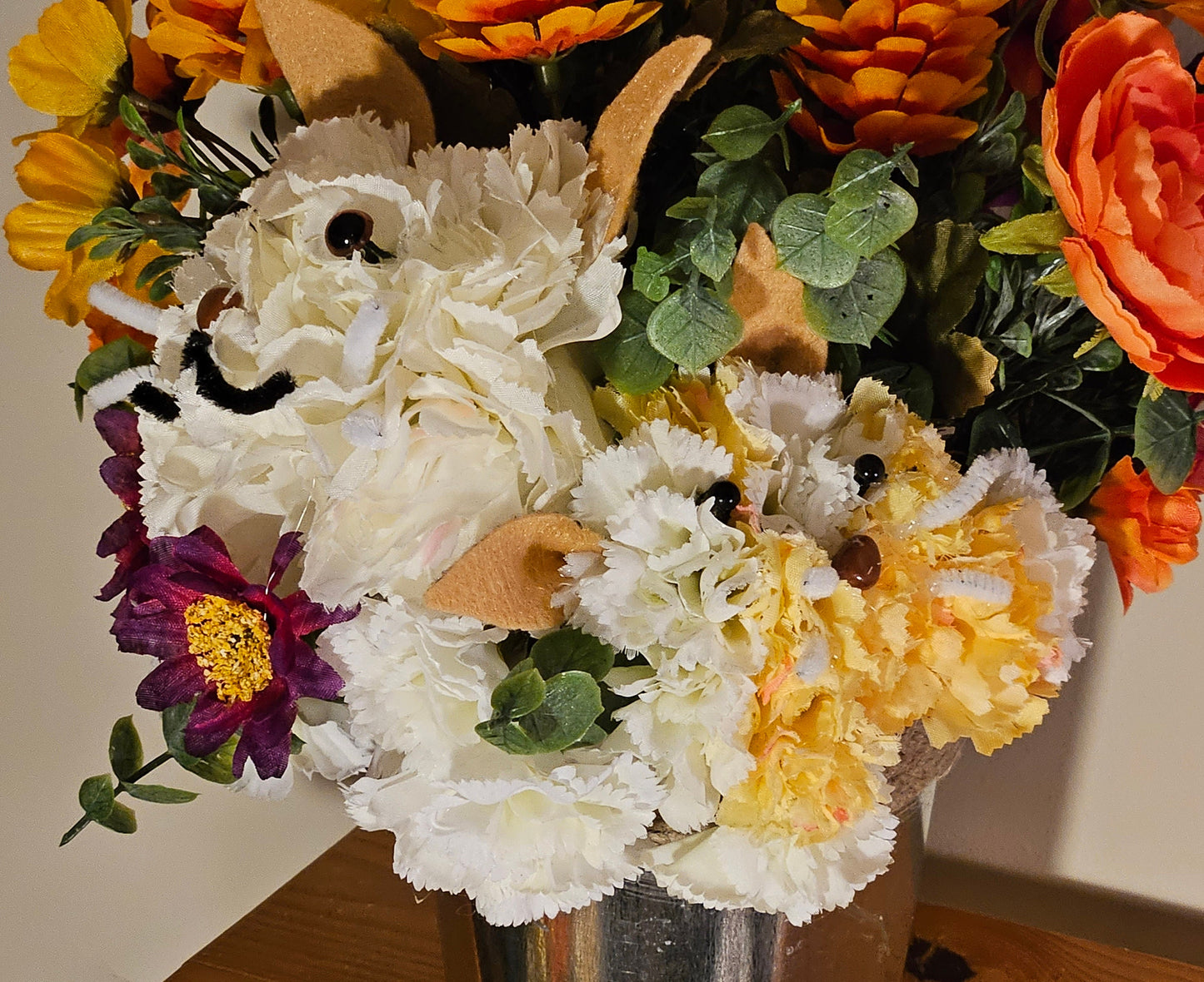 Artificial White Carnation Cat and Kitten Flower Arrangement in a Rope Bucket