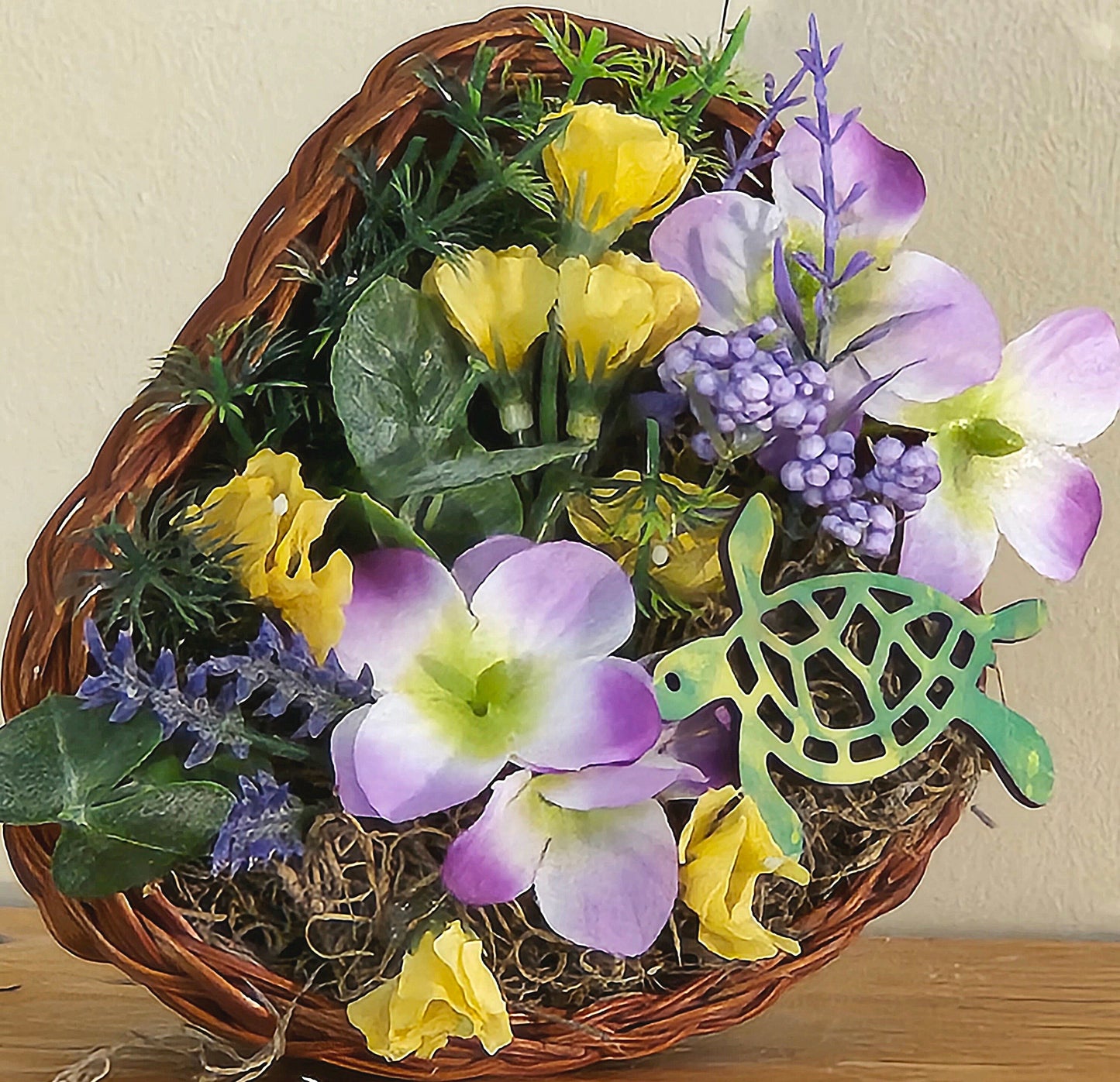 Artificial Flower Arrangement in Grapevine Heart With Turtle,