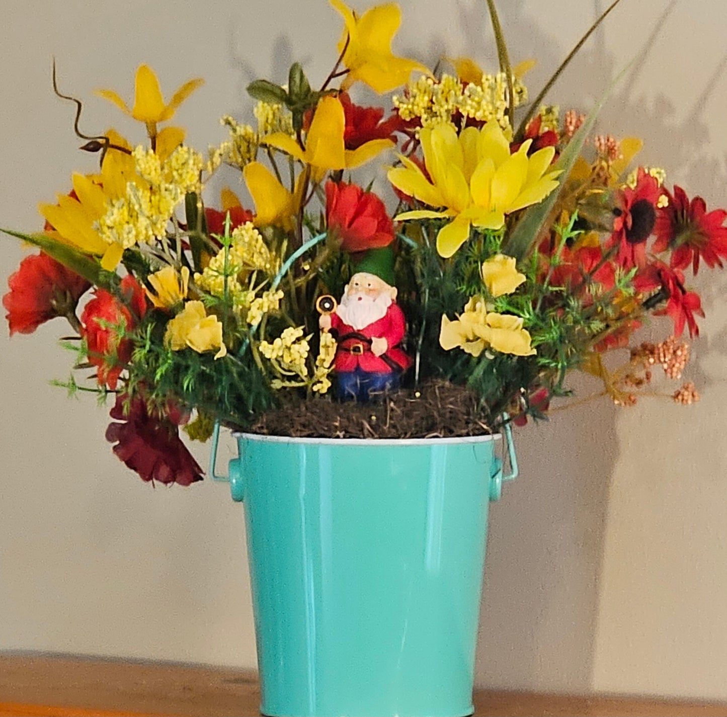 Artificial Flower Arrangement, Round Blue Tin Bucket, Gnome Décor