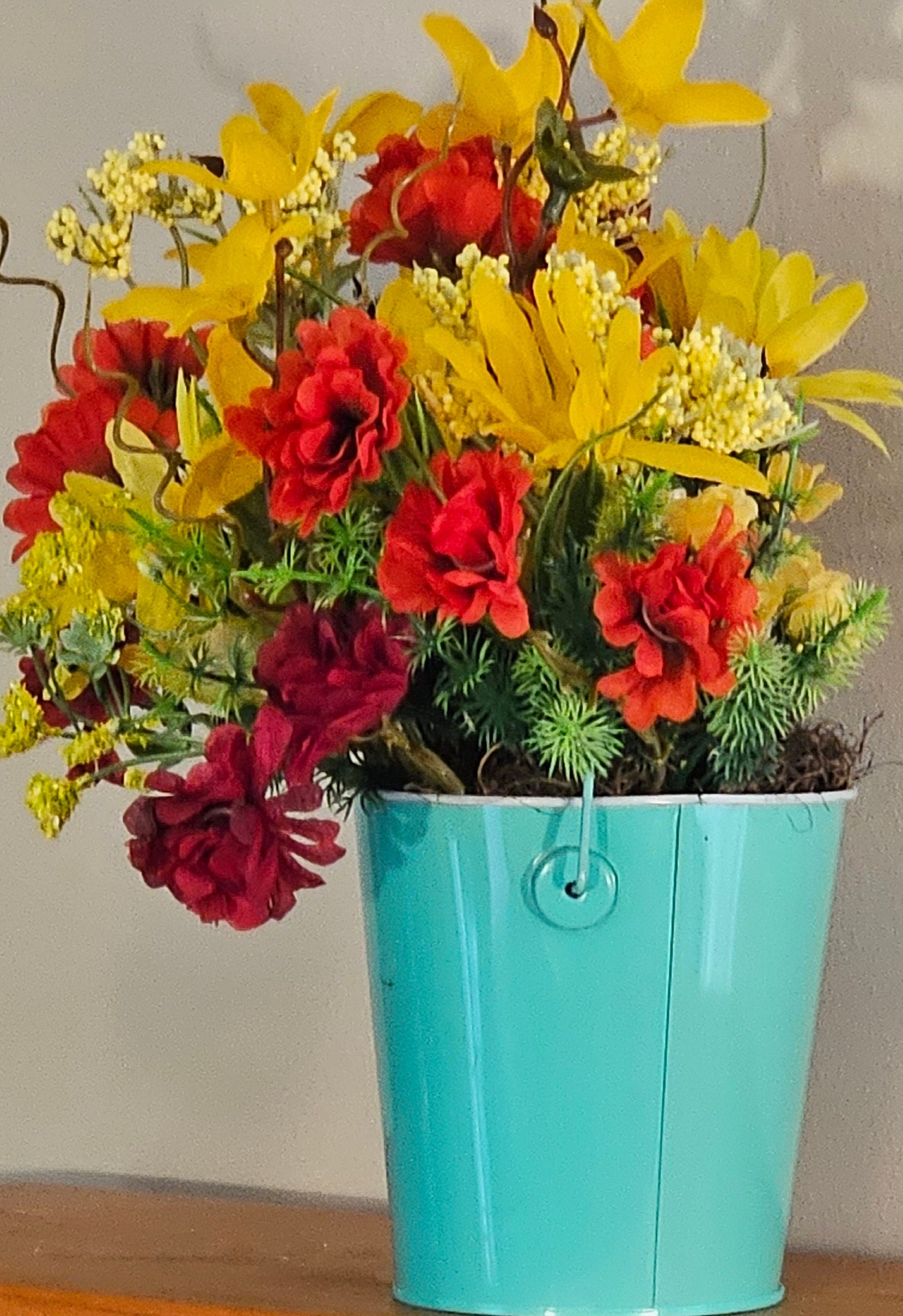Artificial Flower Arrangement, Round Blue Tin Bucket, Gnome Décor