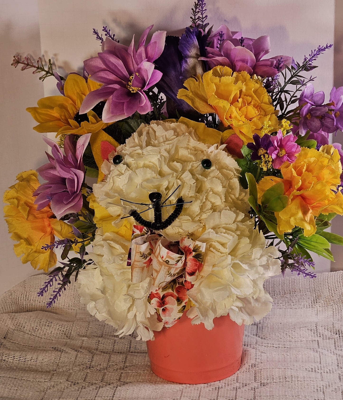 Artificial Flower Arrangement, Handmade Faux Carnation Cat with Bow