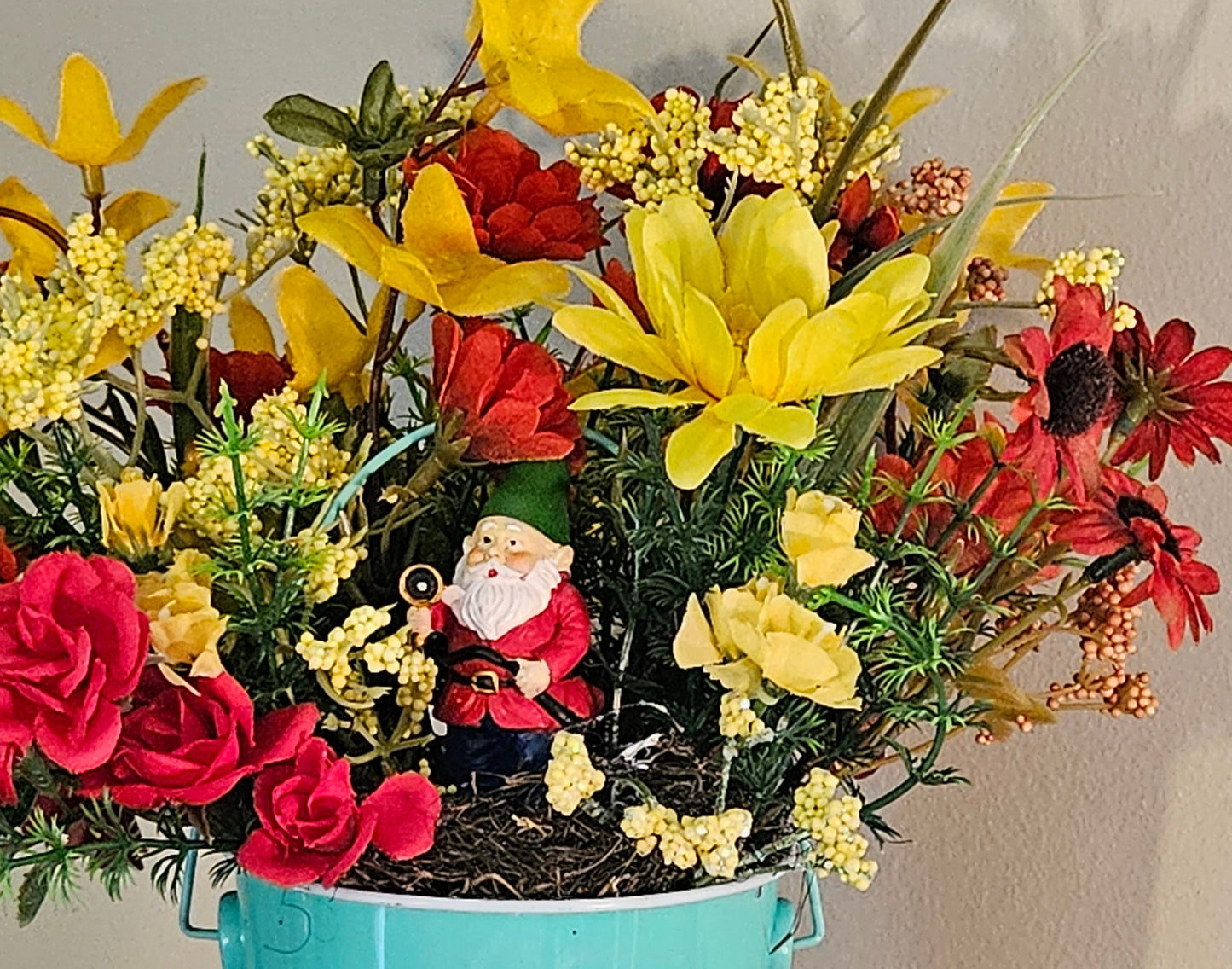 Artificial Flower Arrangement, Round Blue Tin Bucket, Gnome Décor