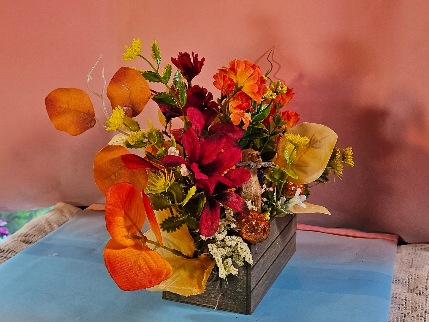 Artificial Flower Arrangement with Retriever Dog