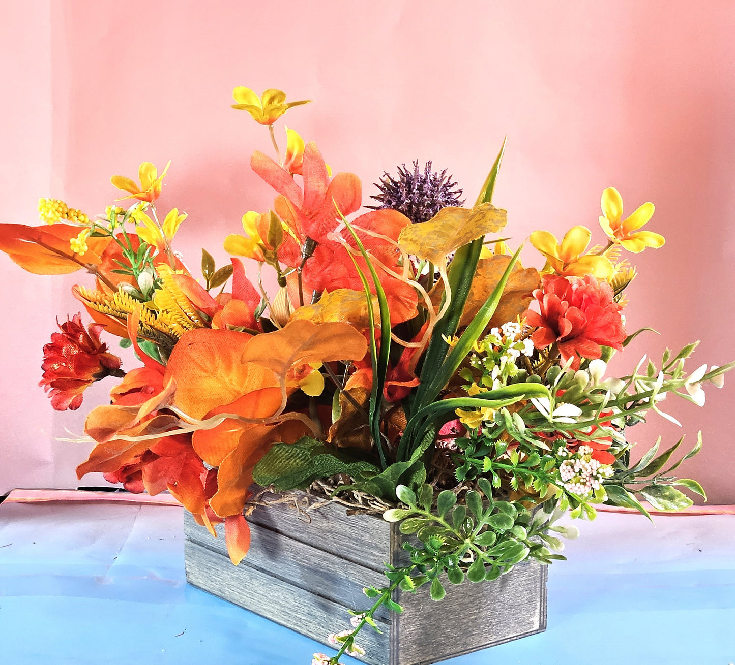 Yorkie Dog Fall Flower Arrangement: Pumpkin Patch Wooden Crate