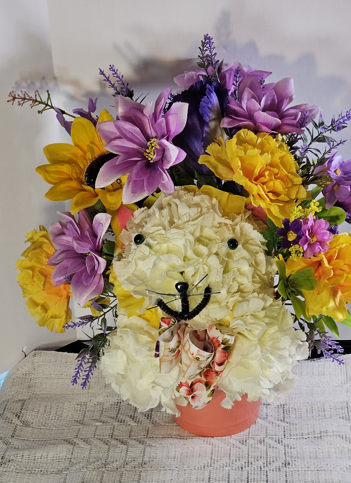 Artificial Flower Arrangement, Handmade Faux Carnation Cat with Bow