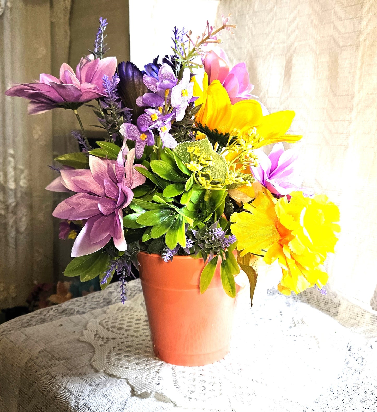 Artificial Flower Arrangement, Handmade Faux Carnation Cat with Bow
