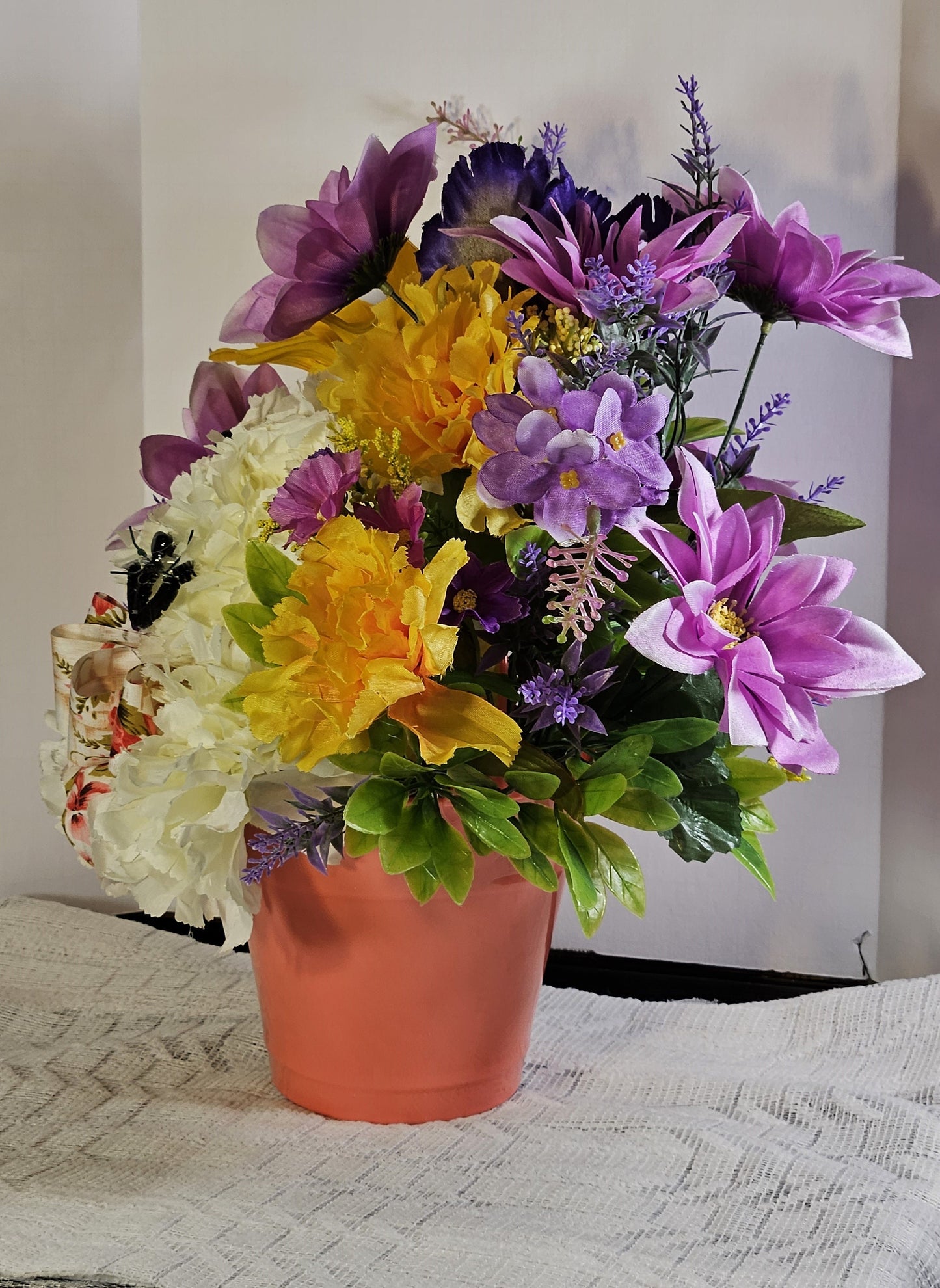 Artificial Flower Arrangement, Handmade Faux Carnation Cat with Bow