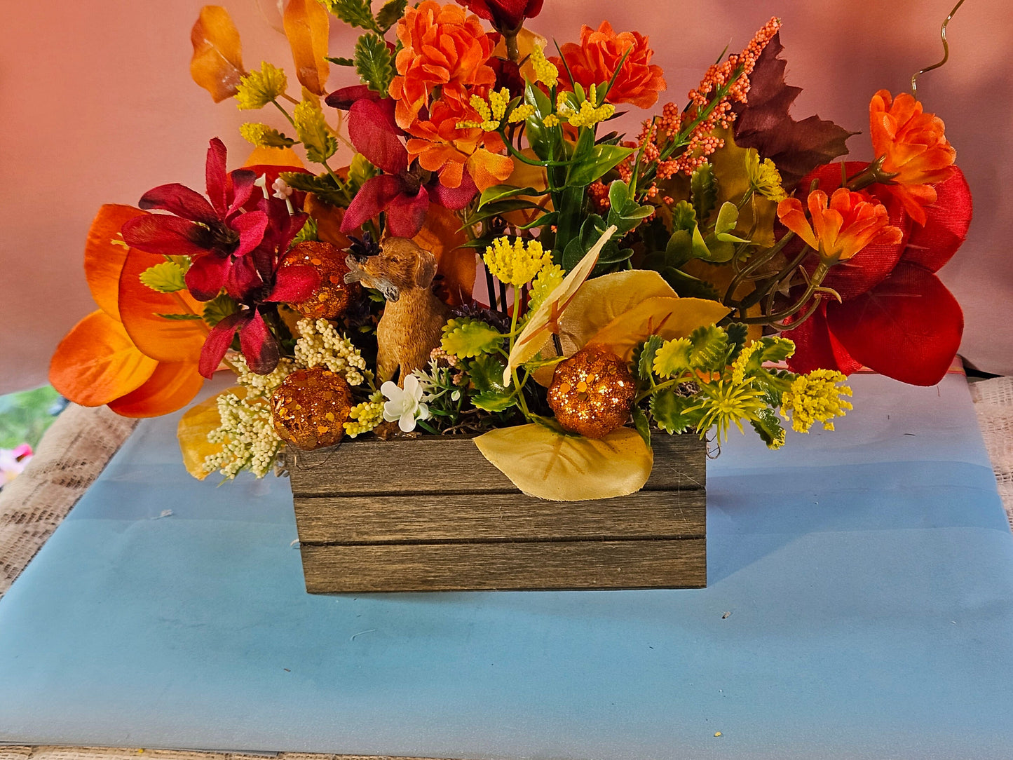 Artificial Flower Arrangement with Retriever Dog