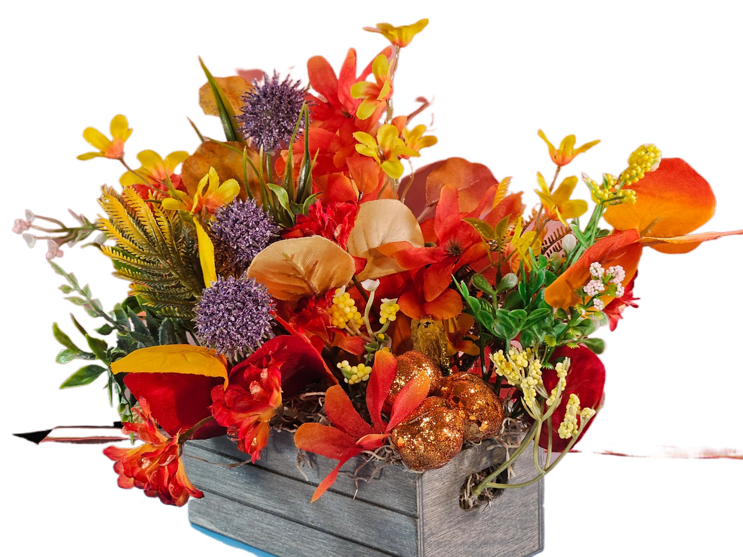 Yorkie Dog Fall Flower Arrangement: Pumpkin Patch Wooden Crate