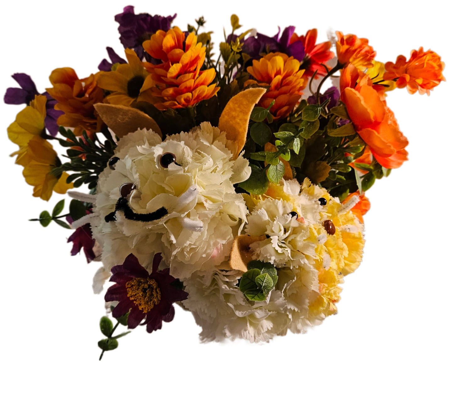 Artificial White Carnation Cat and Kitten Flower Arrangement in a Rope Bucket