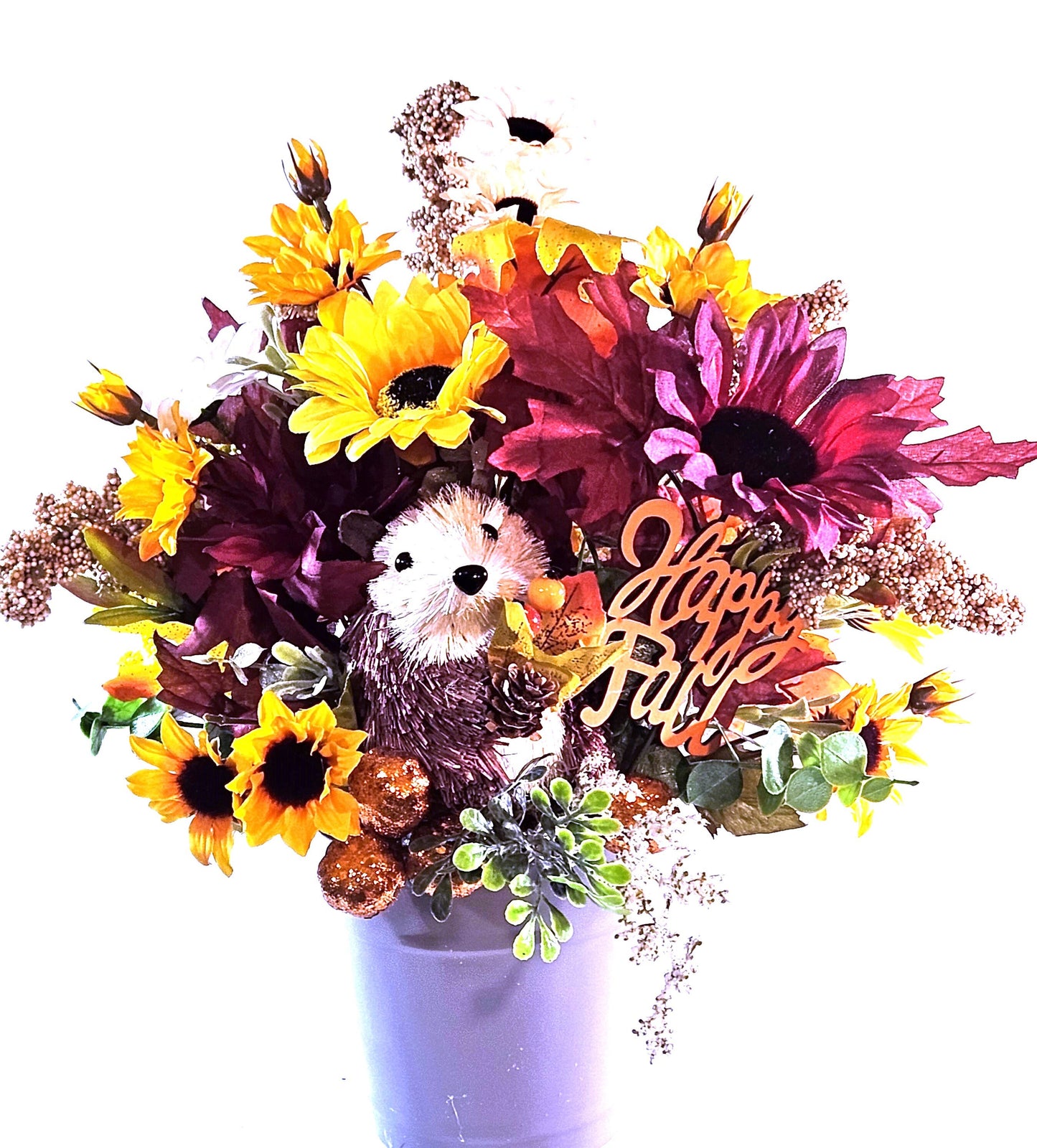 Fall Autumn Sunflower Floral Arrangement with Adorable Porcupine, Great Fall Home or Office Decor, Great Gift For Nature Lover