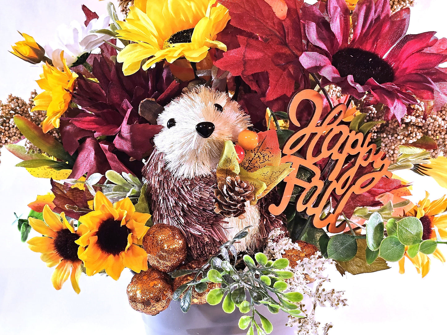 Fall Autumn Sunflower Floral Arrangement with Adorable Porcupine, Great Fall Home or Office Decor, Great Gift For Nature Lover