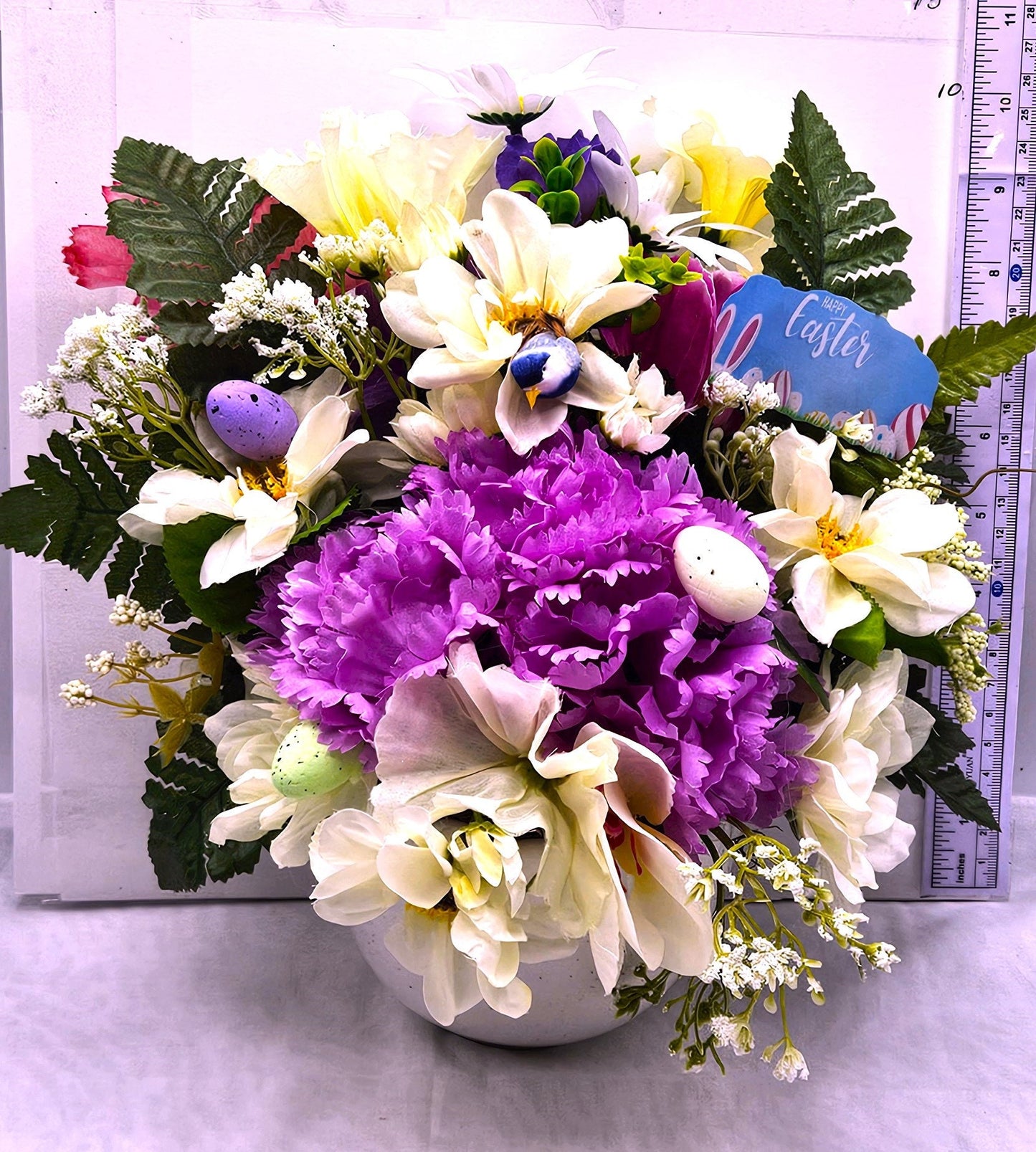 Artificial Pastel Flower Arrangement in a Pretty Ceramic Dish, Perfect For Easter or Special Gift