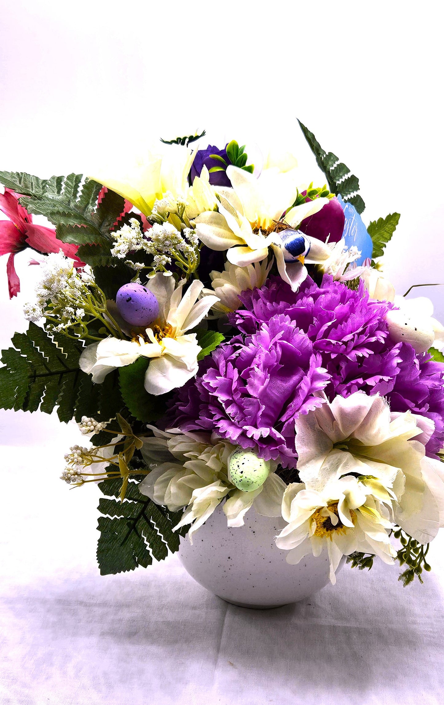 Artificial Pastel Flower Arrangement in a Pretty Ceramic Dish, Perfect For Easter or Special Gift