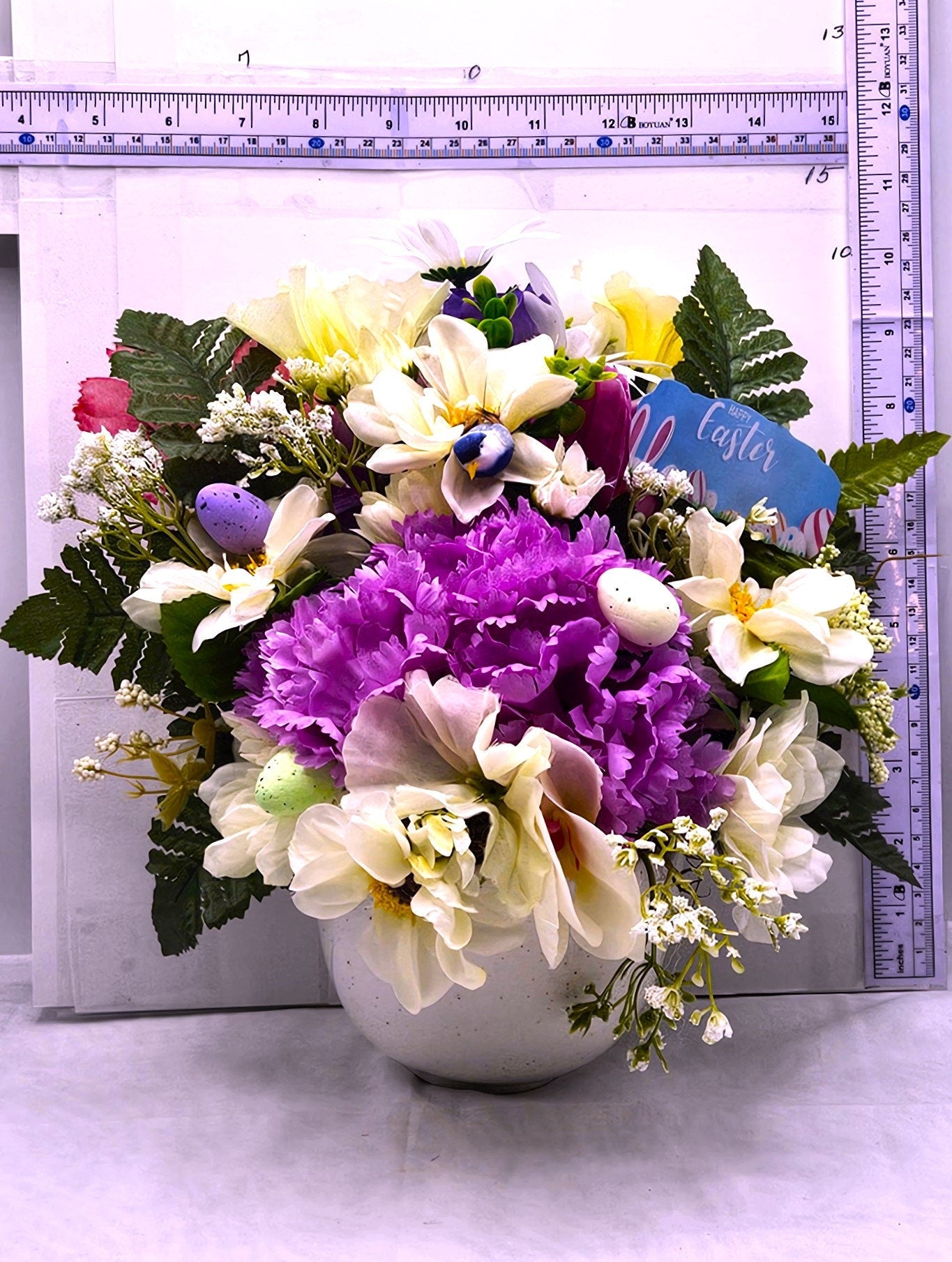 Artificial Pastel Flower Arrangement in a Pretty Ceramic Dish, Perfect For Easter or Special Gift