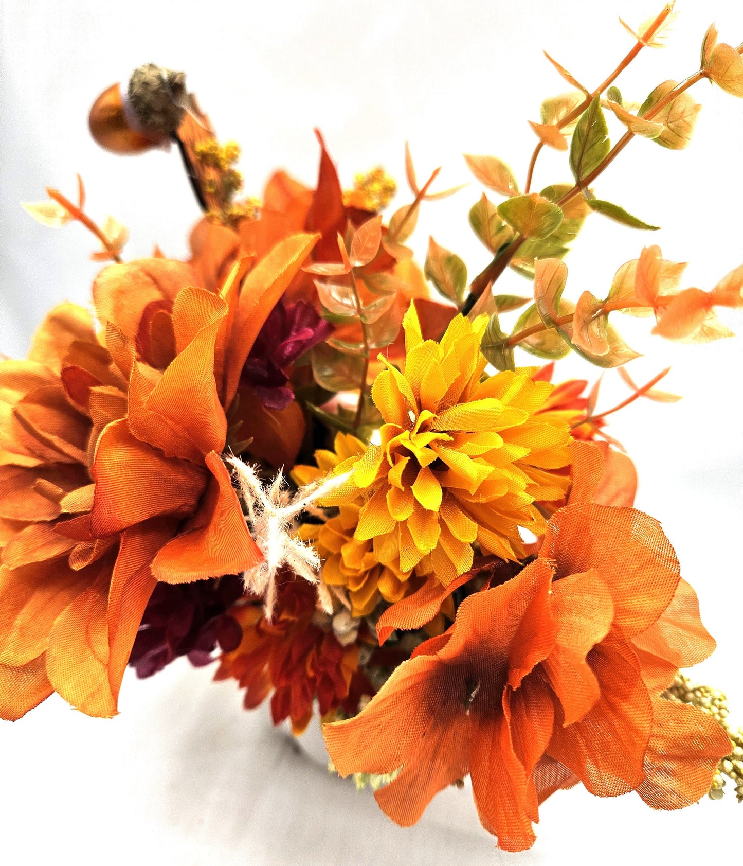 Autumn Fall Artificial Flower Arrangements in white ceramic pumpkin bowl/2 Options/Pumpkins, Glitter, Wheat Sprays/ Happy Fall Sign
