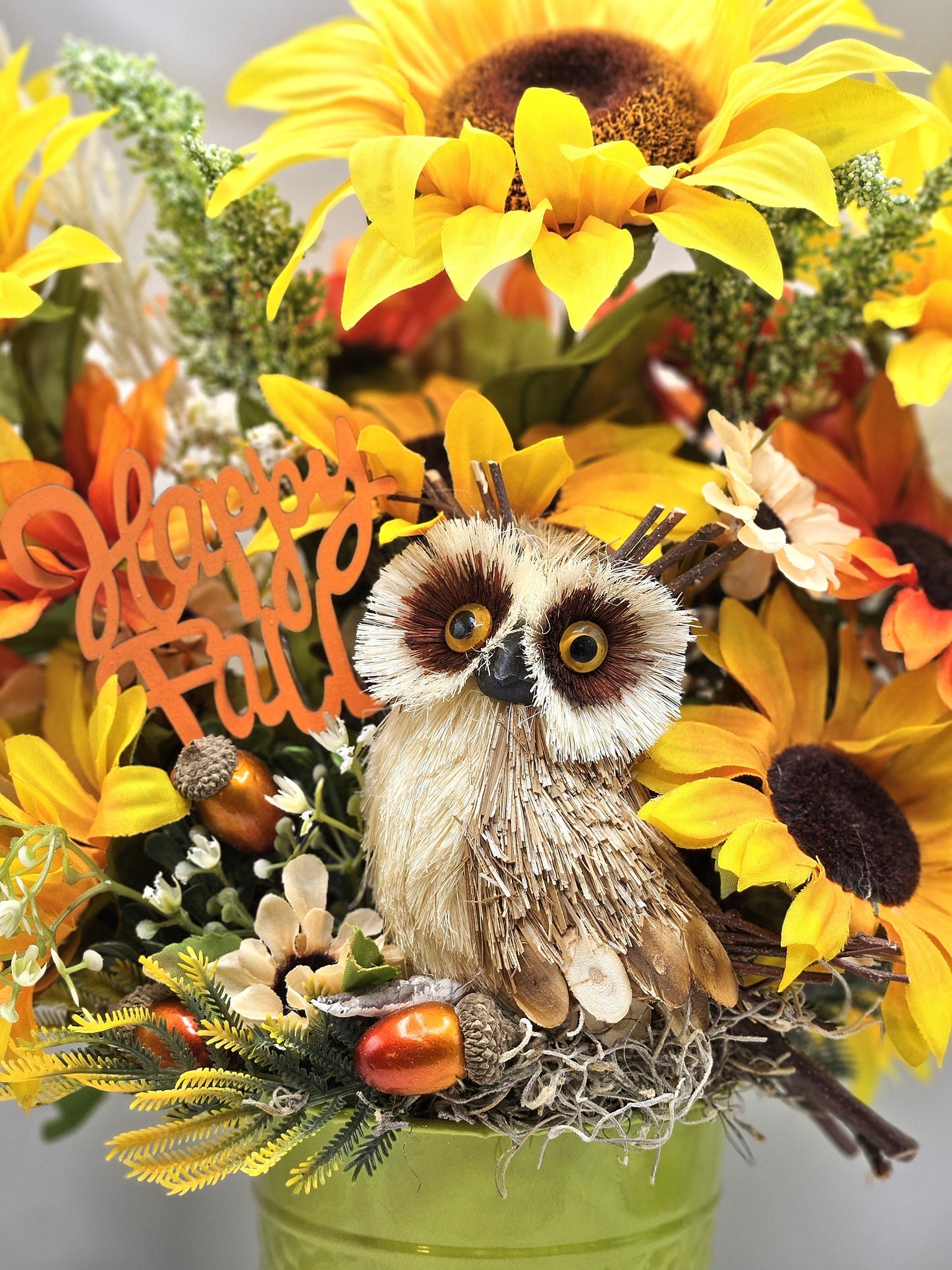 Fall Autumn Flower Arrangement, "Happy Fall" Sign with Owl Accent, Large Sunflowers, Fall Centerpiece, Home Decor', Fall Party Decor
