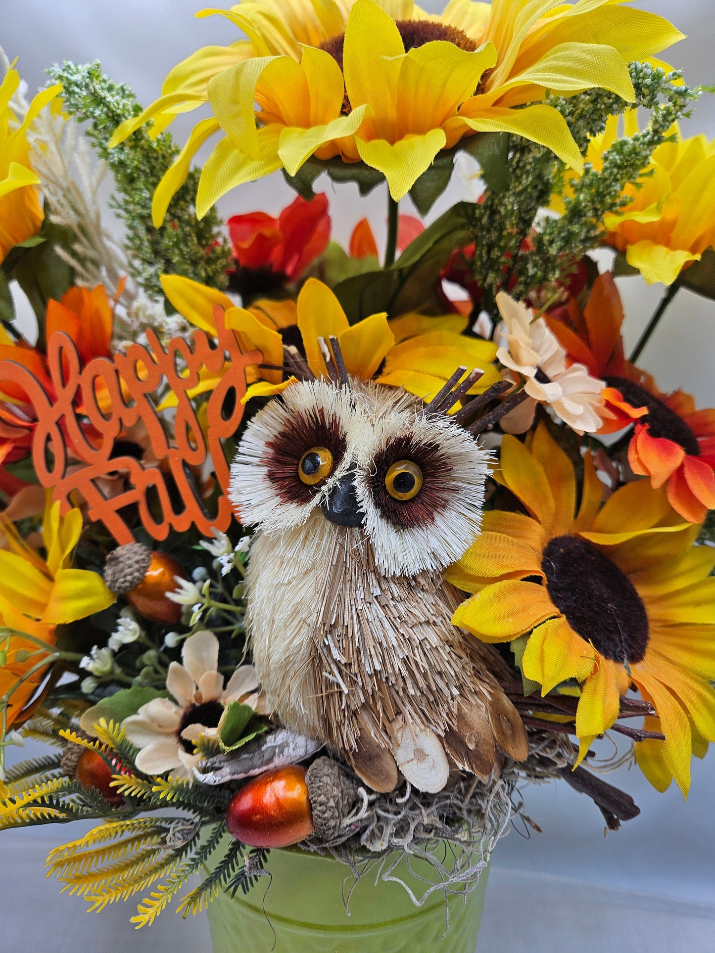 Fall Autumn Flower Arrangement, "Happy Fall" Sign with Owl Accent, Large Sunflowers, Fall Centerpiece, Home Decor', Fall Party Decor