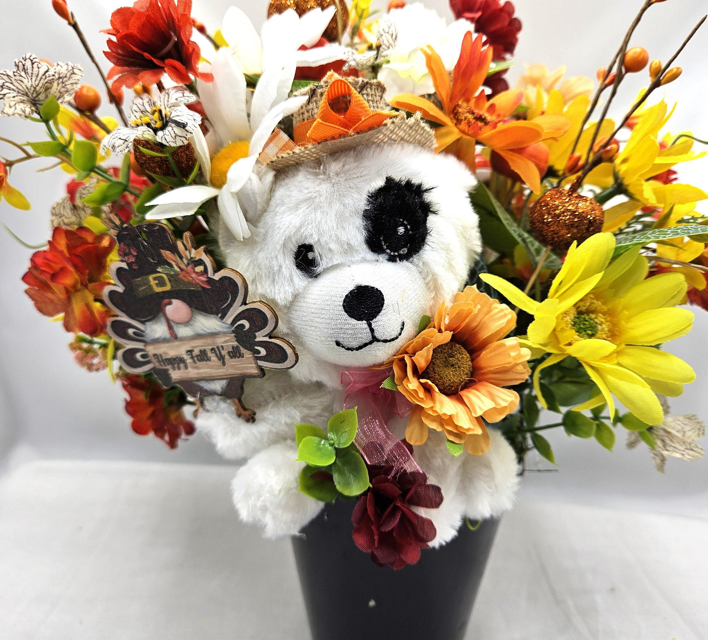 Autumn Fall Flower Arrangement With Cute Puppy Wearing Straw Hat, Sitting in