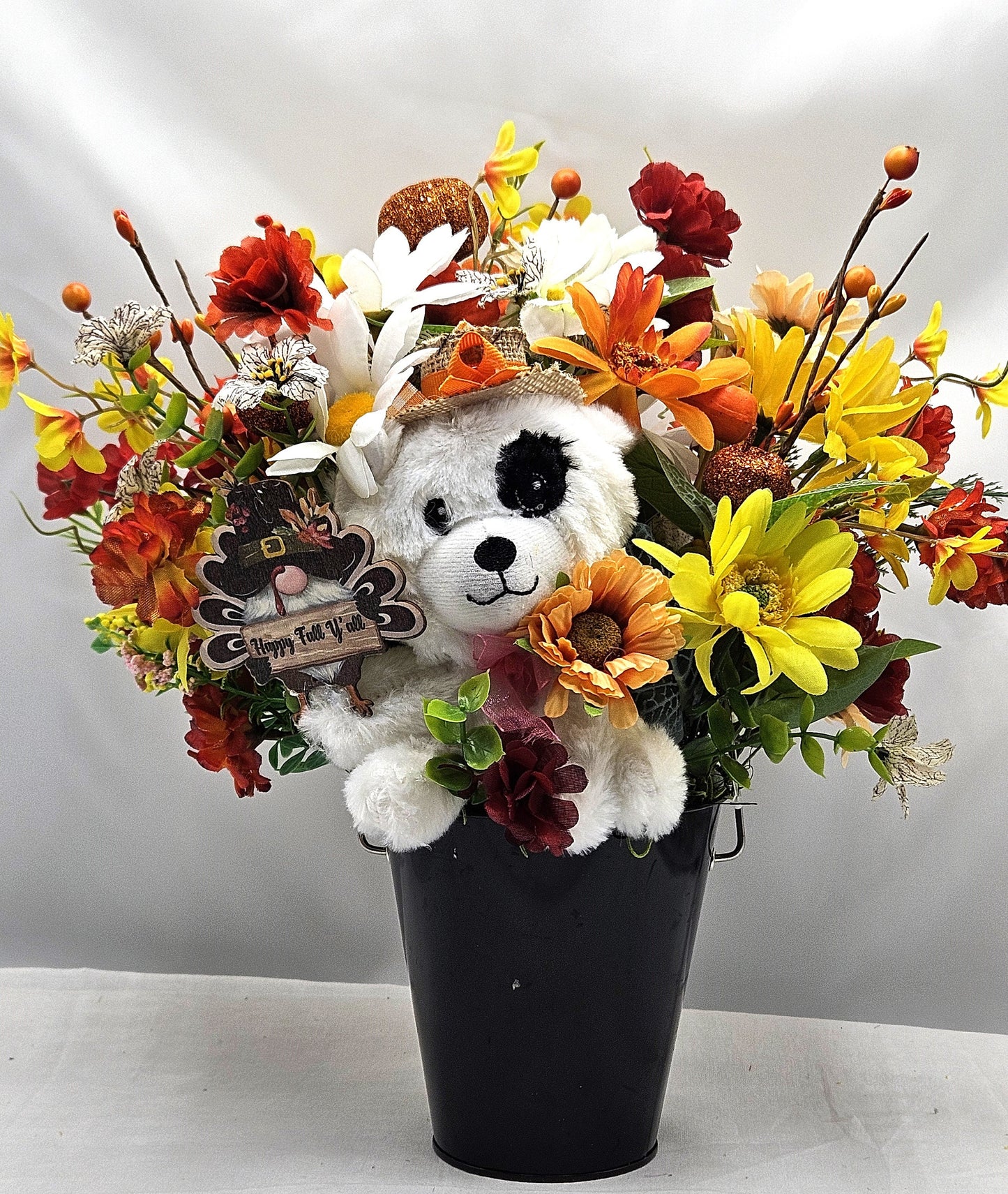 Autumn Fall Flower Arrangement With Cute Puppy Wearing Straw Hat, Sitting in