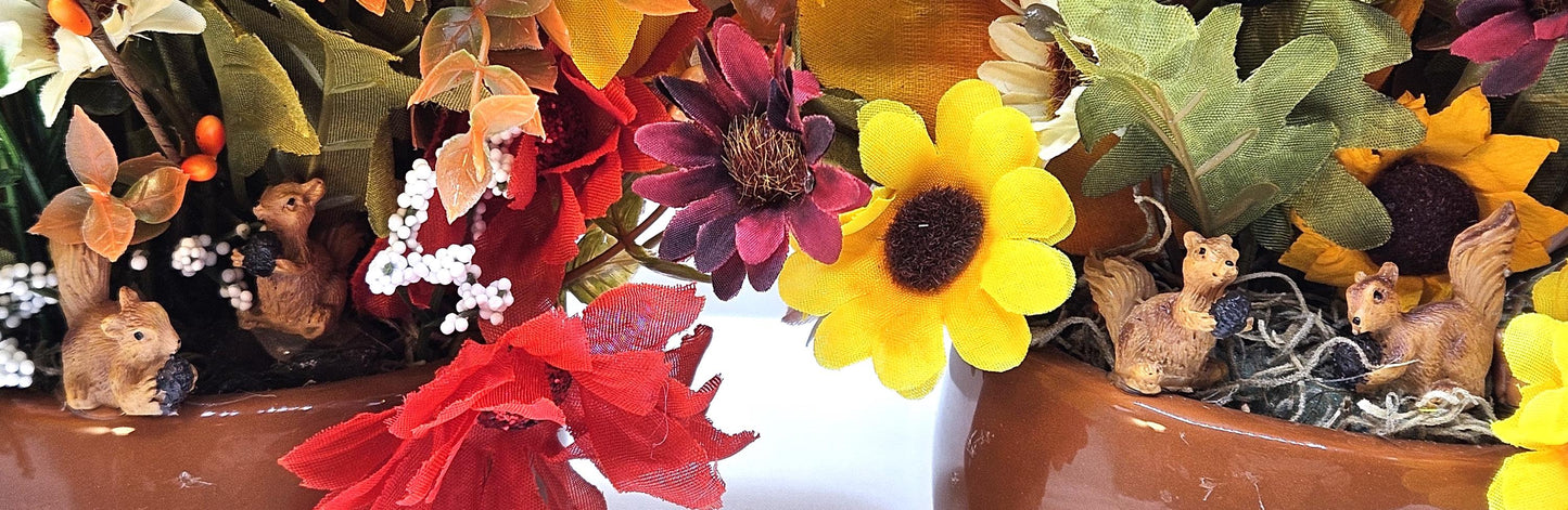 Autumn Fall Flower Arrangement in a Ceramic Acorn Nut Bowl, Large Yellow or Orange Sunflowers, Other Fall Flowers, Wheat, Accents, 2 Options