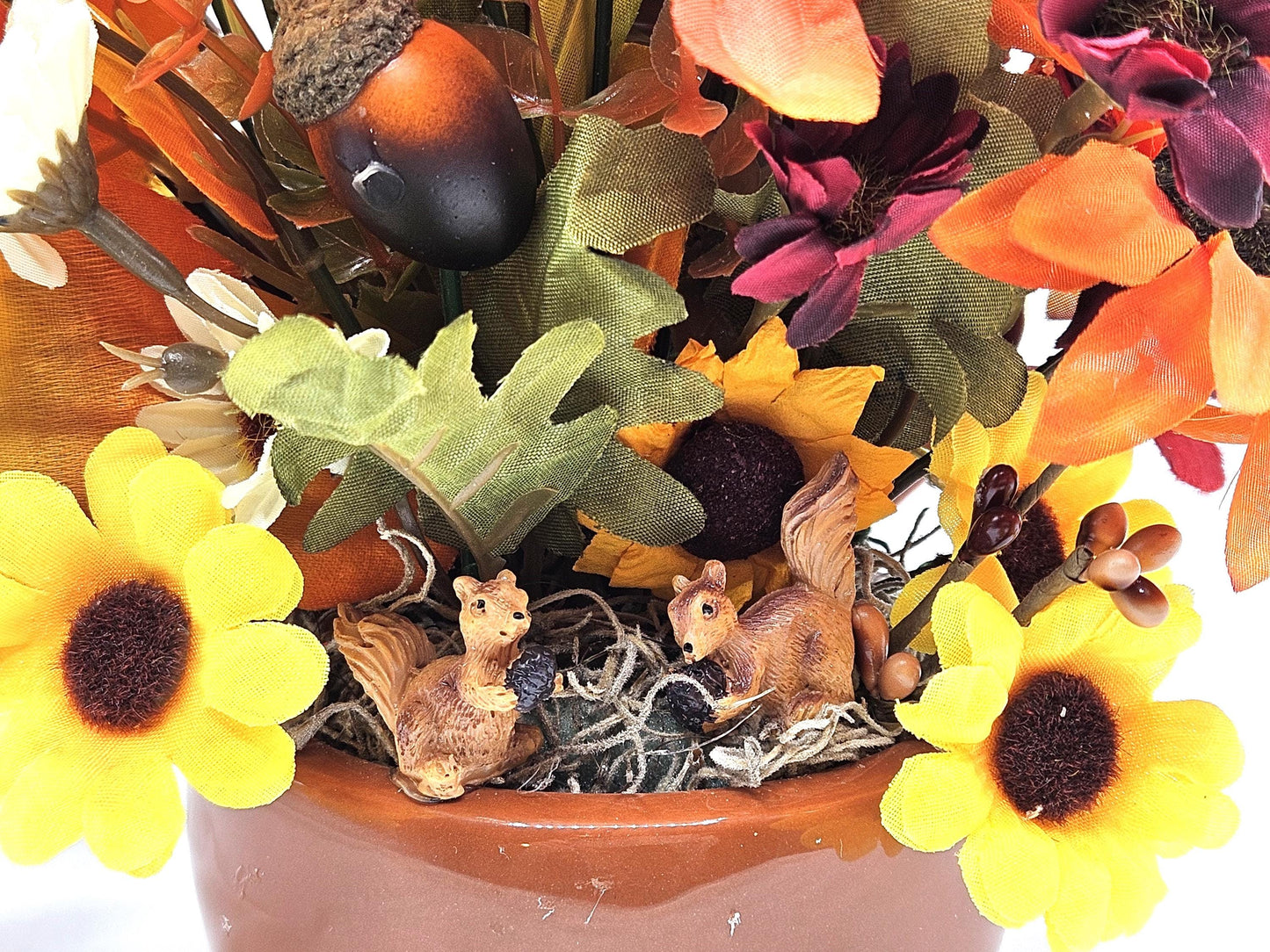Autumn Fall Flower Arrangement in a Ceramic Acorn Nut Bowl, Large Yellow or Orange Sunflowers, Other Fall Flowers, Wheat, Accents, 2 Options