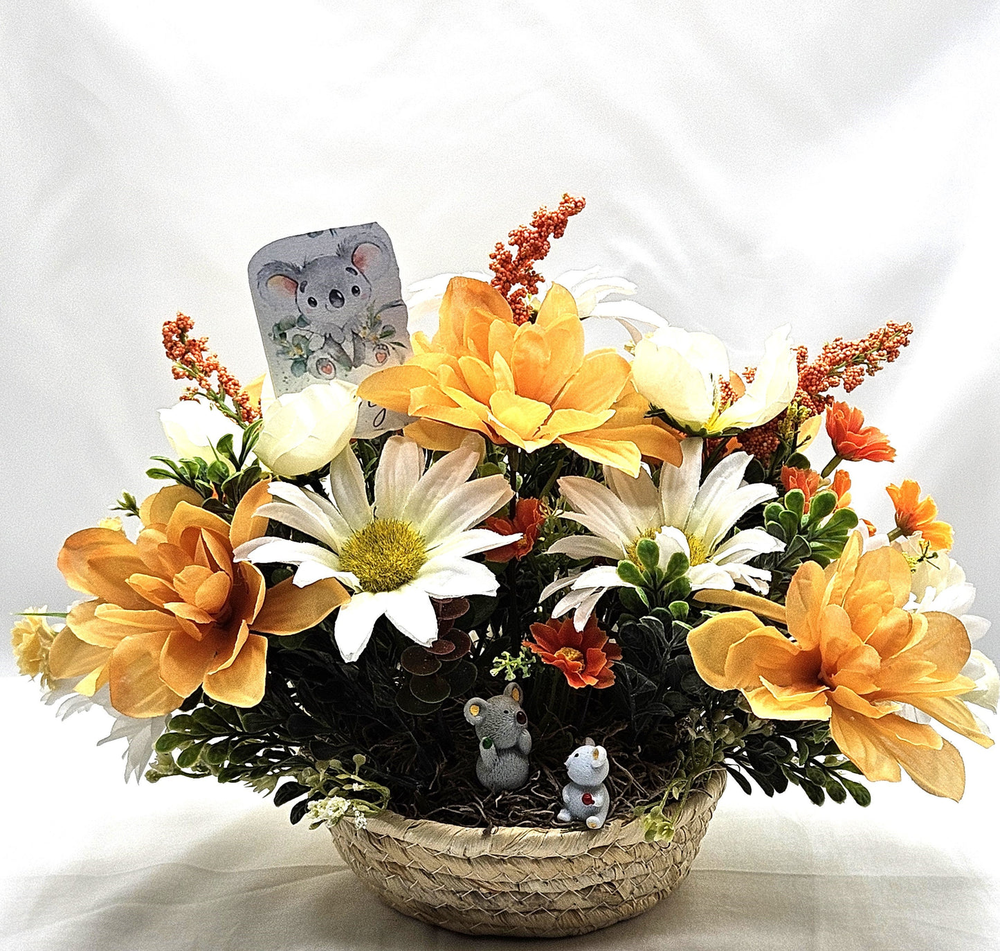 Adorable Koala Bear Flower Arrangement in Woven Basket - Thank You Decor for the Koala Bear Lover in Your Life, Gratitide Gift