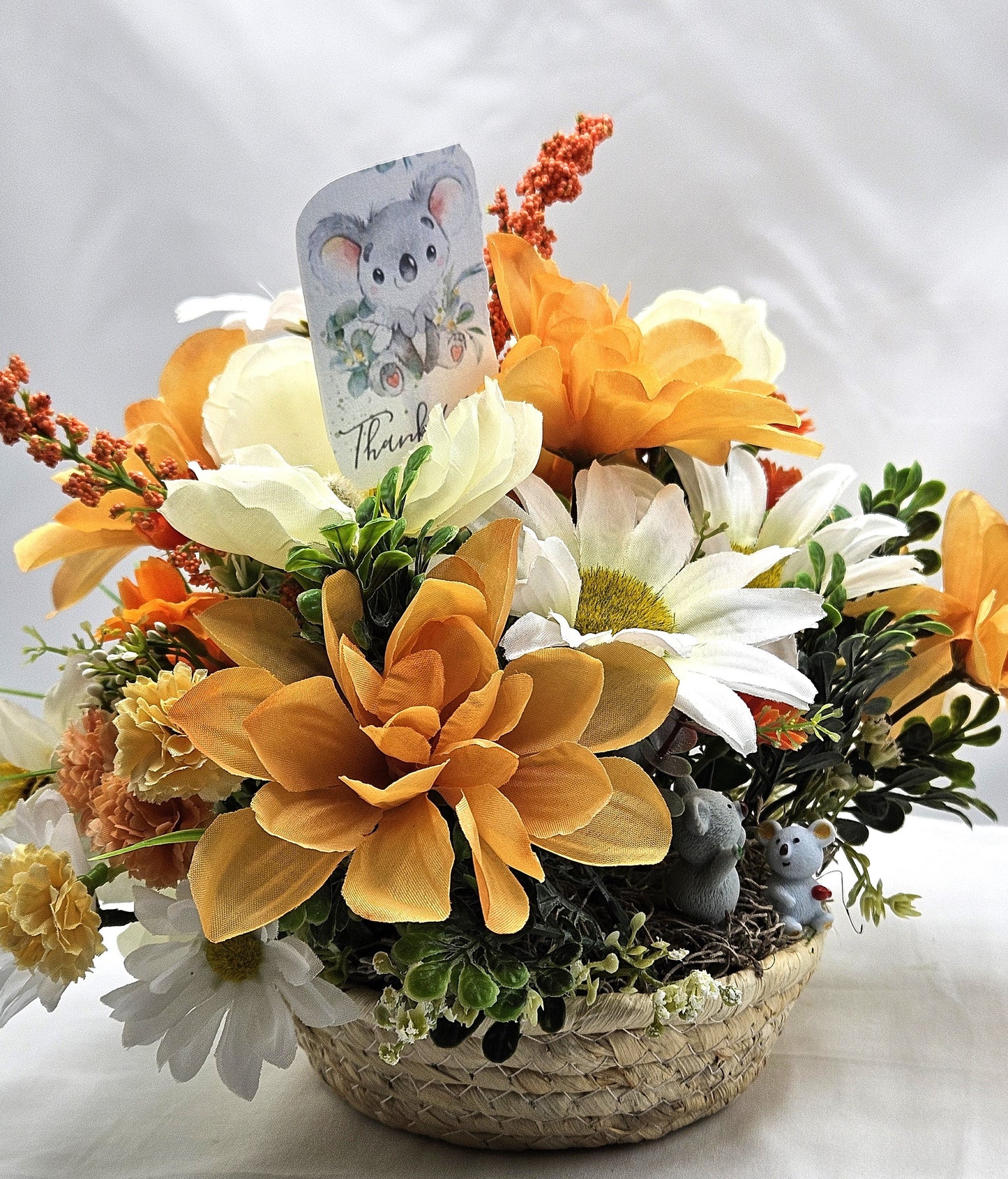 Adorable Koala Bear Flower Arrangement in Woven Basket - Thank You Decor for the Koala Bear Lover in Your Life, Gratitide Gift