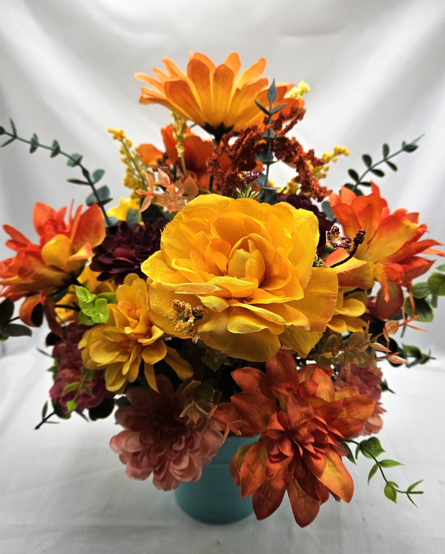 Artificial Flower Arrangement with Whimsical Little Giraffe Set in Aqua Blue Plastic Pail/Earthtone Floral Garden