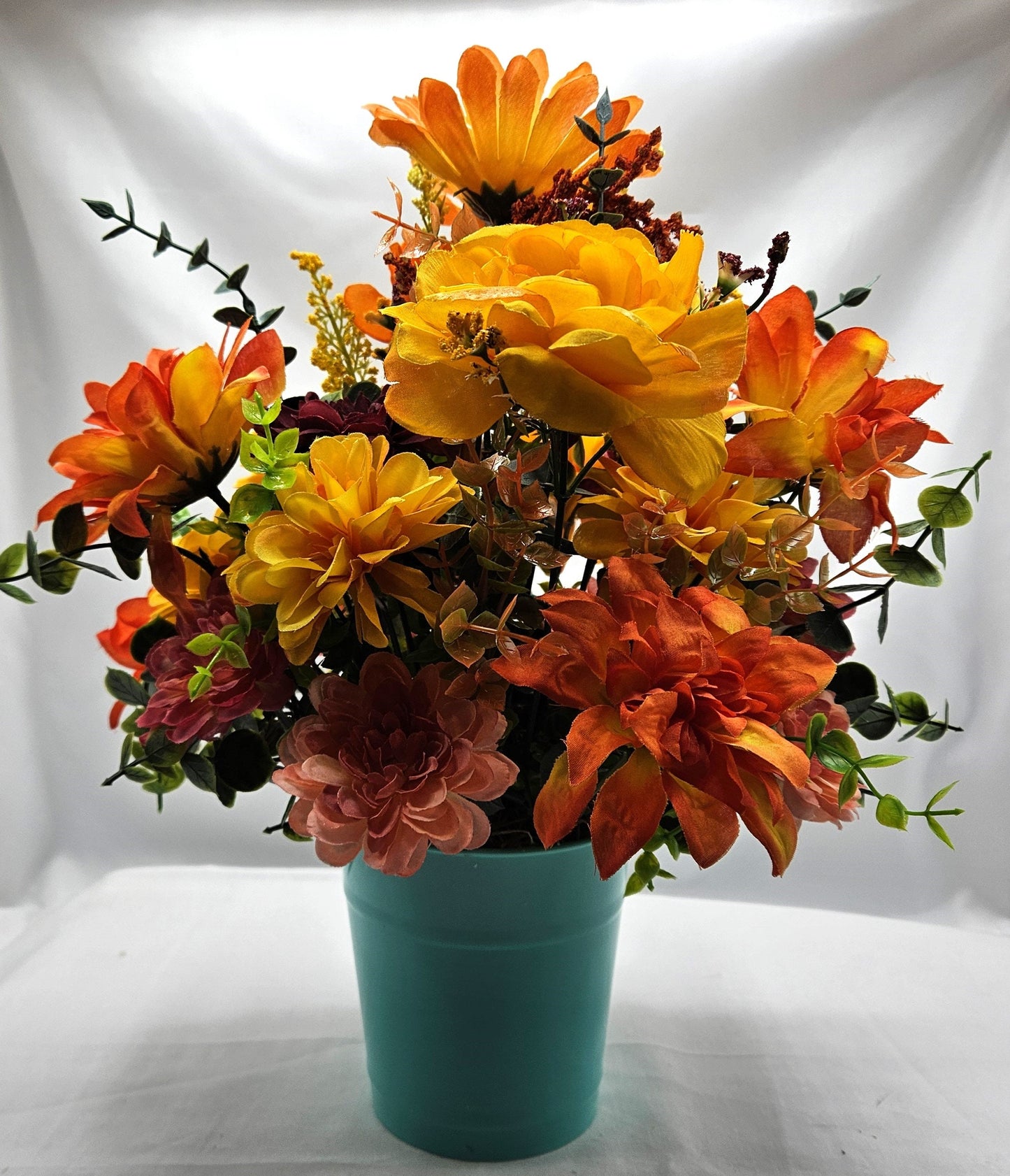 Artificial Flower Arrangement with Whimsical Little Giraffe Set in Aqua Blue Plastic Pail/Earthtone Floral Garden