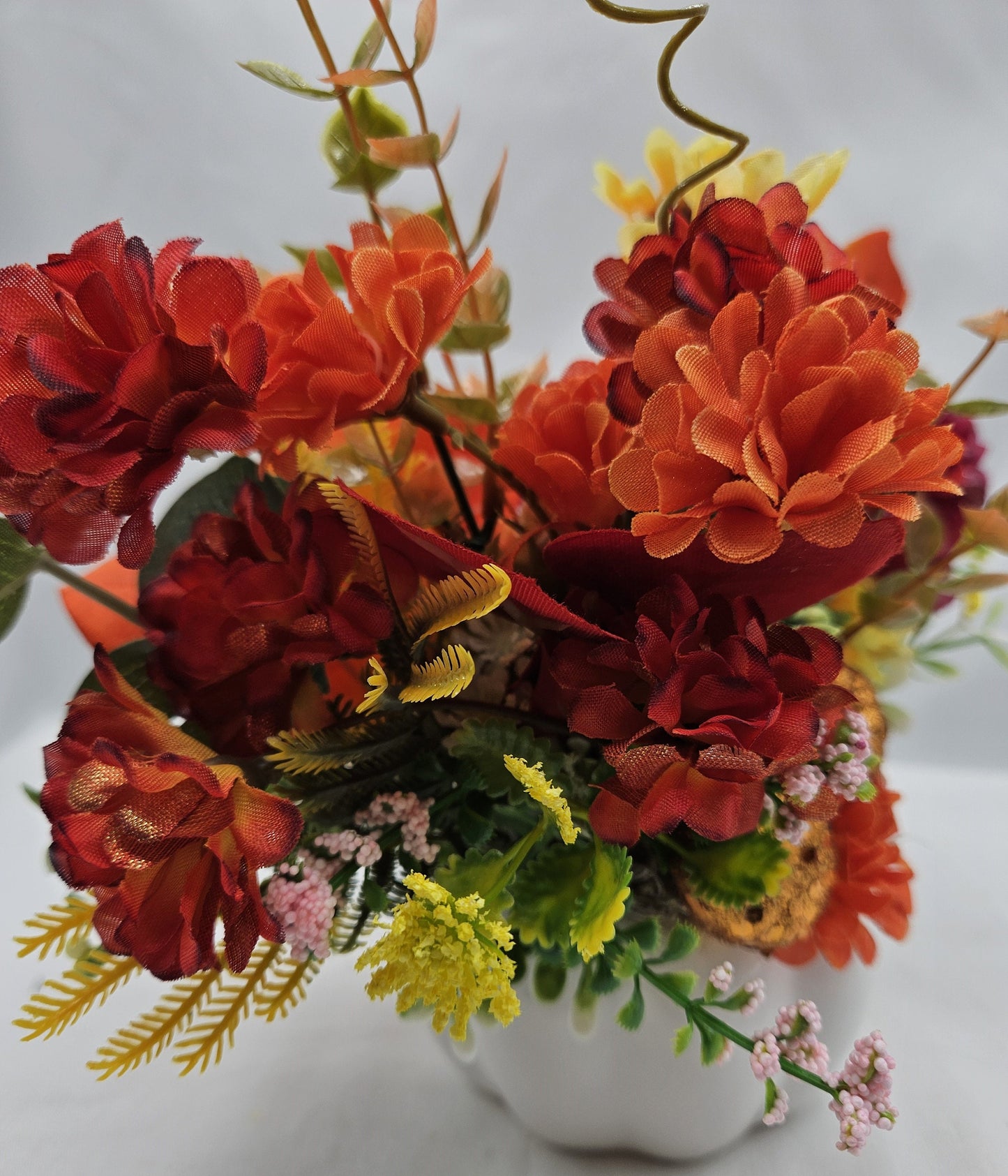 Autumn Fall Artificial Flower Arrangements in white ceramic pumpkin bowl/2 Options/Pumpkins, Glitter, Wheat Sprays/ Happy Fall Sign