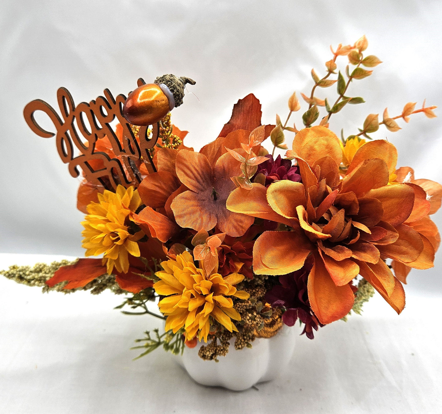 Autumn Fall Artificial Flower Arrangements in white ceramic pumpkin bowl/2 Options/Pumpkins, Glitter, Wheat Sprays/ Happy Fall Sign
