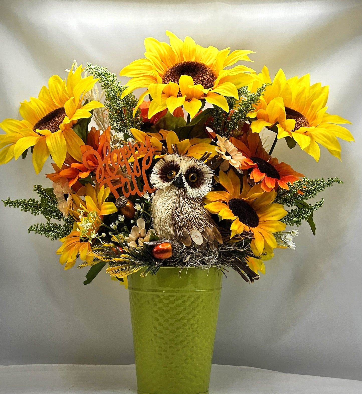 Fall Autumn Flower Arrangement, "Happy Fall" Sign with Owl Accent, Large Sunflowers, Fall Centerpiece, Home Decor', Fall Party Decor