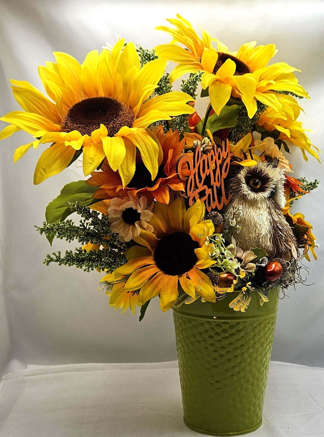 Fall Autumn Flower Arrangement, "Happy Fall" Sign with Owl Accent, Large Sunflowers, Fall Centerpiece, Home Decor', Fall Party Decor